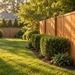 Wooden privacy fence and lush green garden in a sunny backyard setting