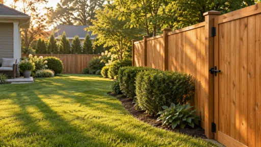 Wooden privacy fence and lush green garden in a sunny backyard setting