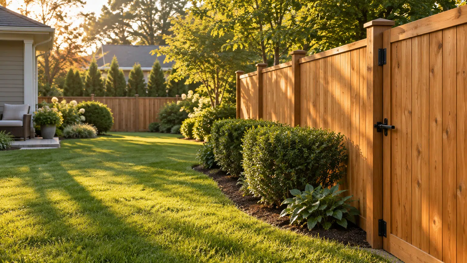 Wooden privacy fence and lush green garden in a sunny backyard setting