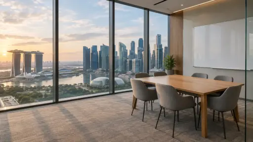 Modern office meeting room with wooden table and chairs overlooking city skyline through large windows