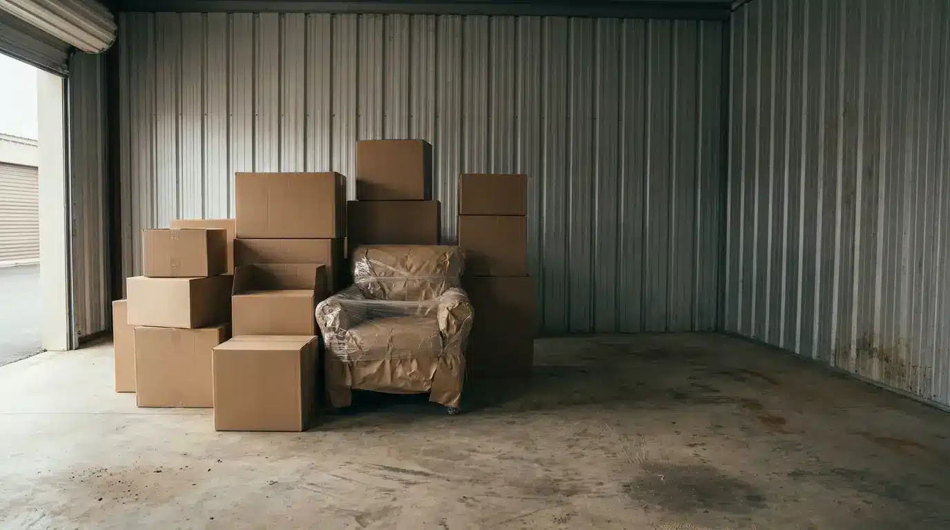 Cardboard boxes and wrapped armchair stacked in metal storage unit