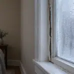 Close-up of frosted window with snowy view, cozy living room, gray sofa, and side table lamp