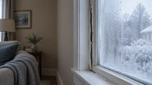 Close-up of frosted window with snowy view, cozy living room, gray sofa, and side table lamp
