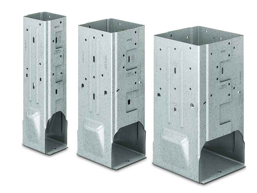 Three galvanized steel post bases of varying sizes on white background