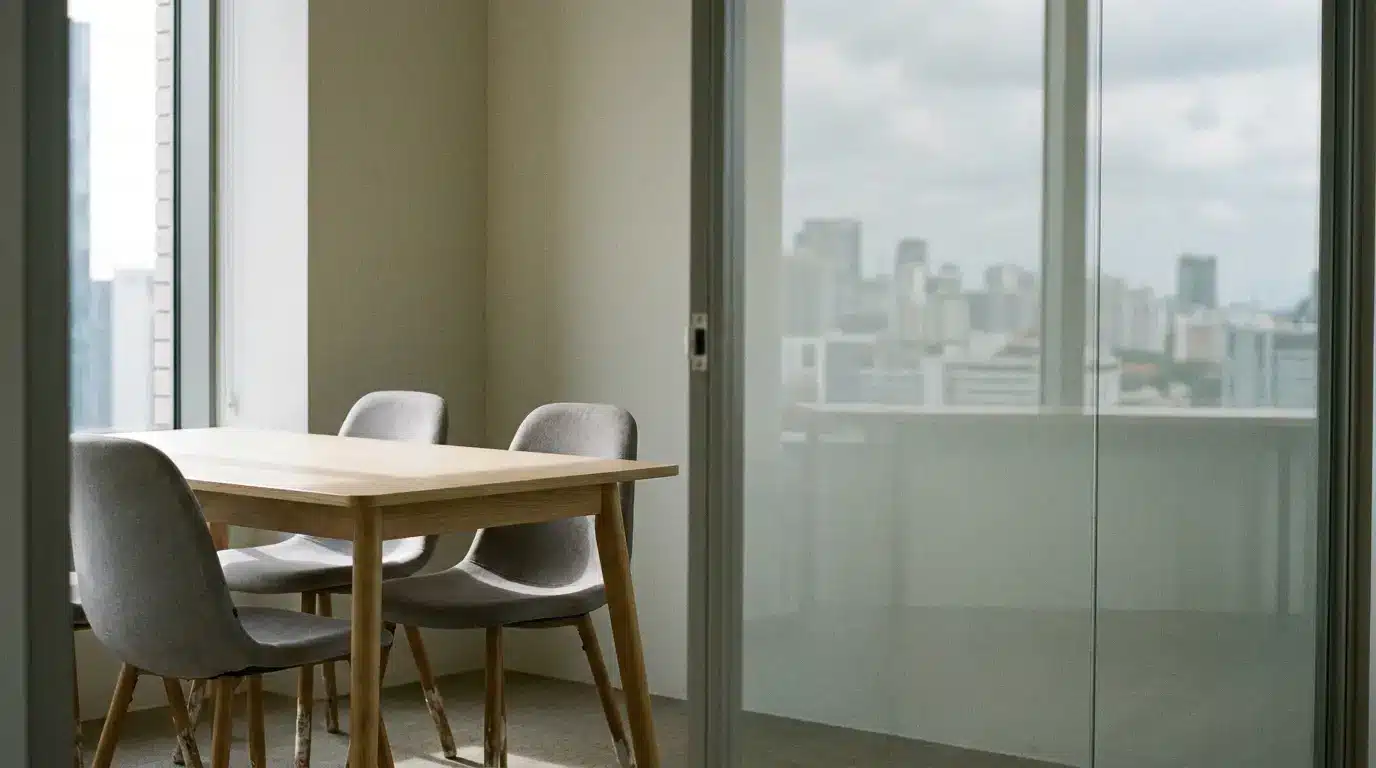 Minimalist dining area with wooden table and grey chairs by large window overlooking cityscape