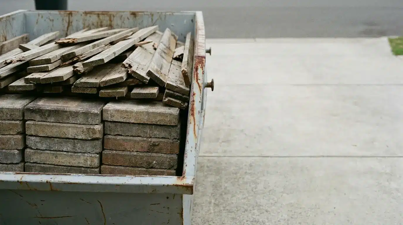 Steel skip bin on driveway packed with flat stacked pavers and broken timber under overcast daylight