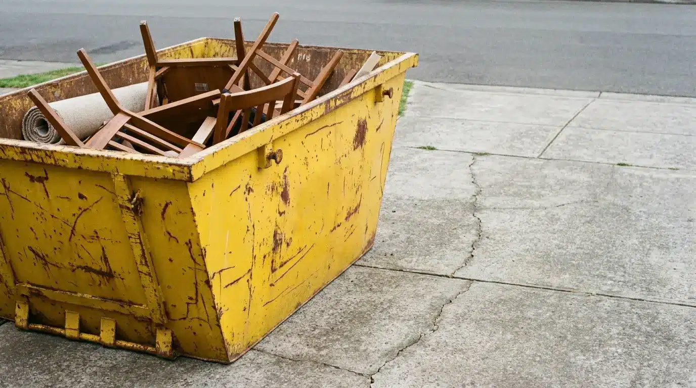 Scuffed steel skip bin on a suburban driveway partly filled with broken timber furniture and rolled carpet