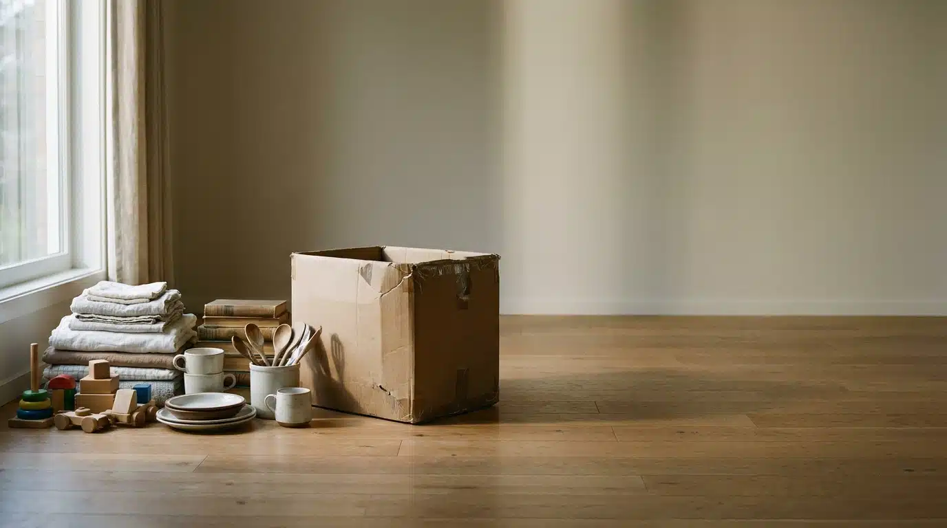 Cardboard box and household items on wooden floor in bright room