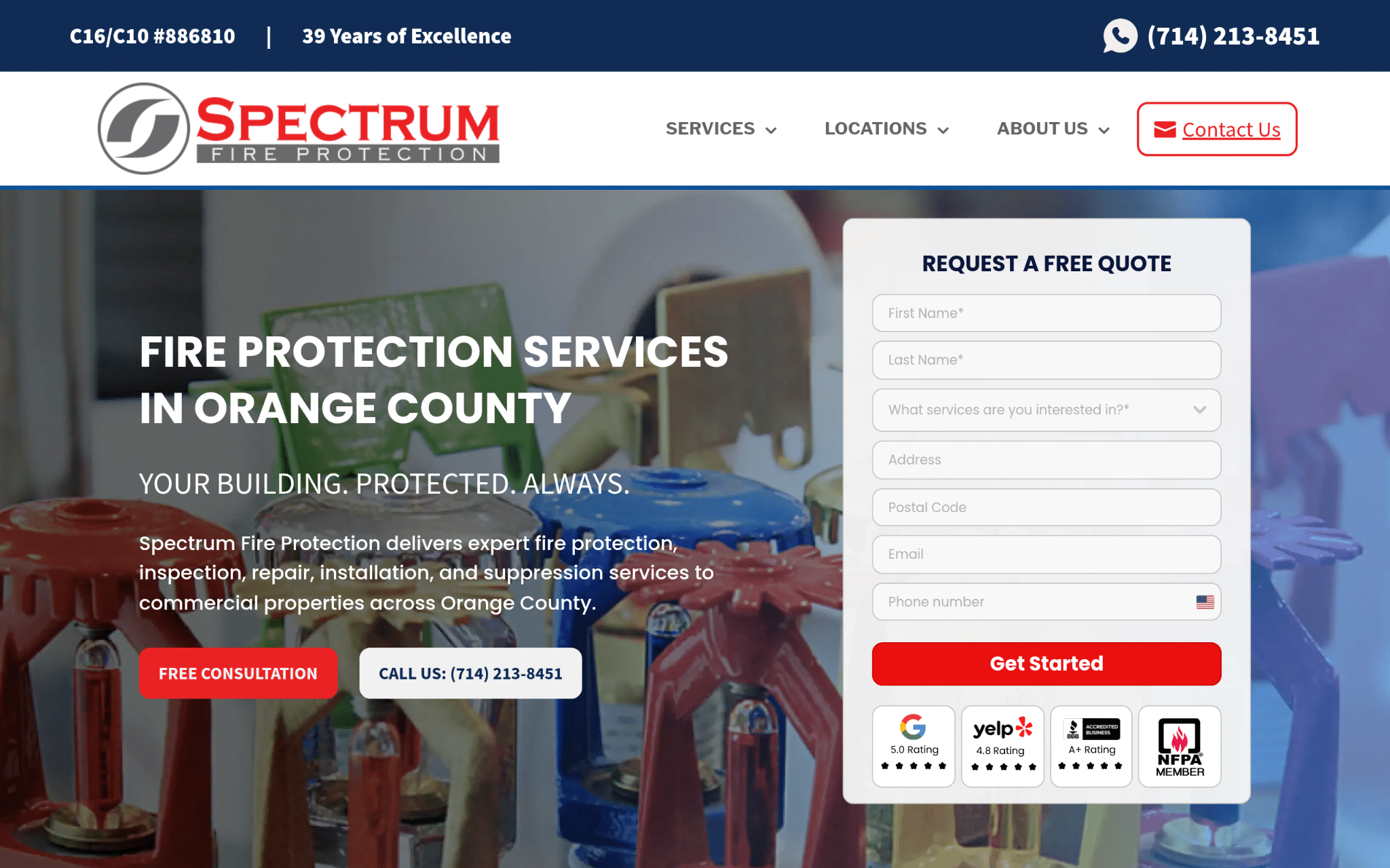 Fire sprinkler heads displayed with consultation form overlay on informational service webpage