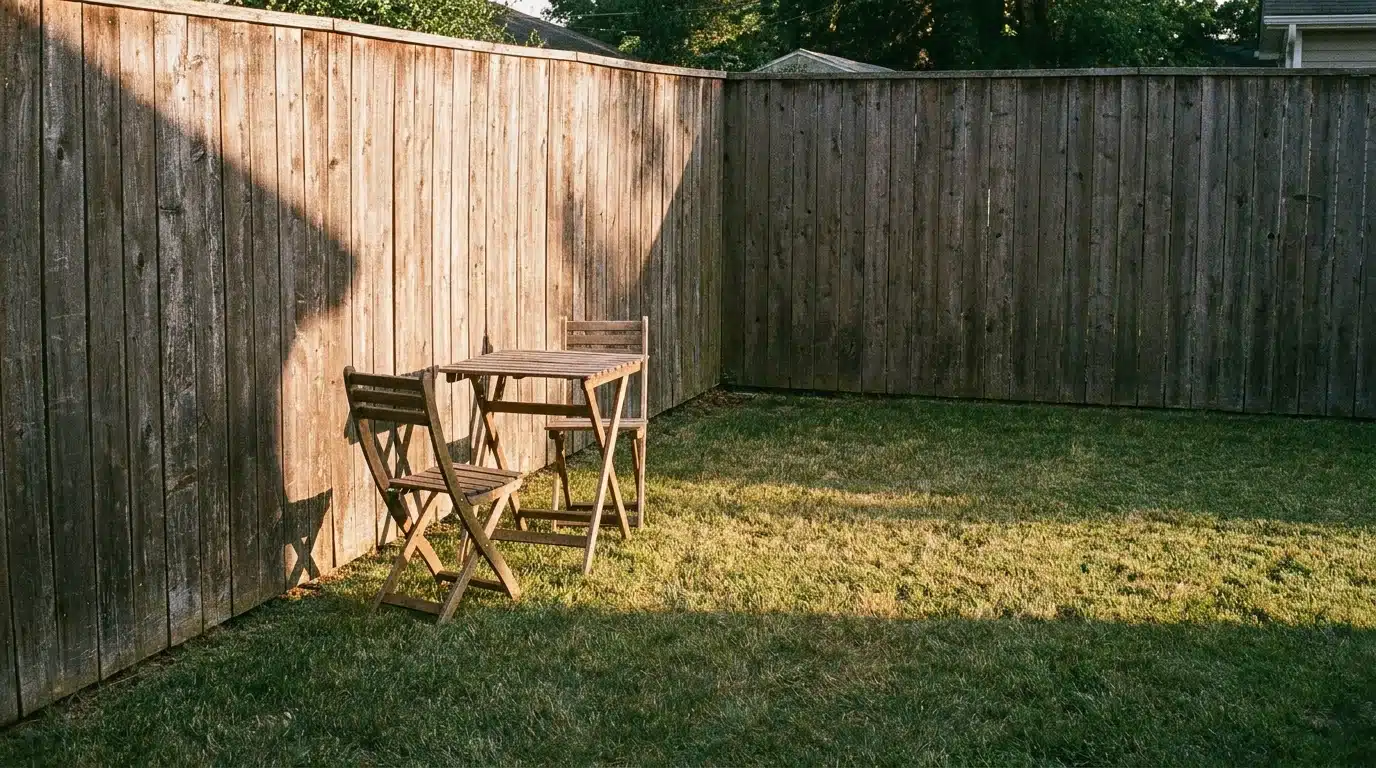 Wooden table and chairs in sunny backyard with tall wooden fence
