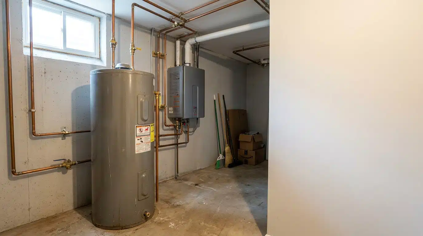 Water heater with copper pipes in a basement utility room with cleaning supplies and boxes
