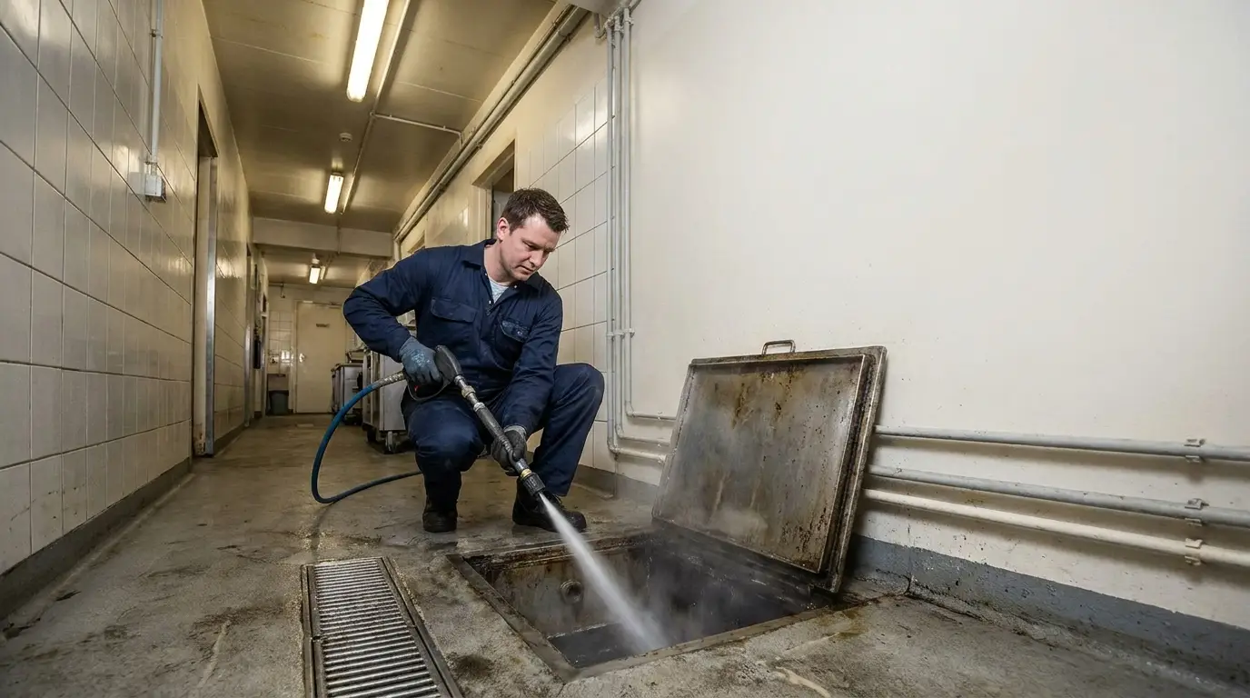 Worker using high-pressure hose to clean drain in industrial hallway with tiled walls