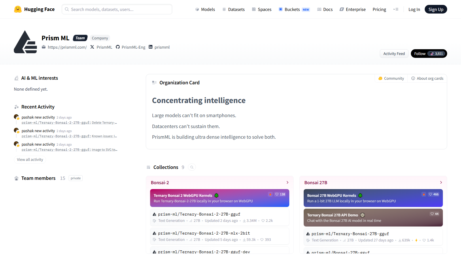 Hugging Face profile page of Prism ML team with recent activity and collections displayed
