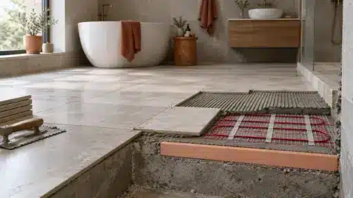 Bathroom under renovation with exposed floor heating elements and unlaid tiles in modern setting