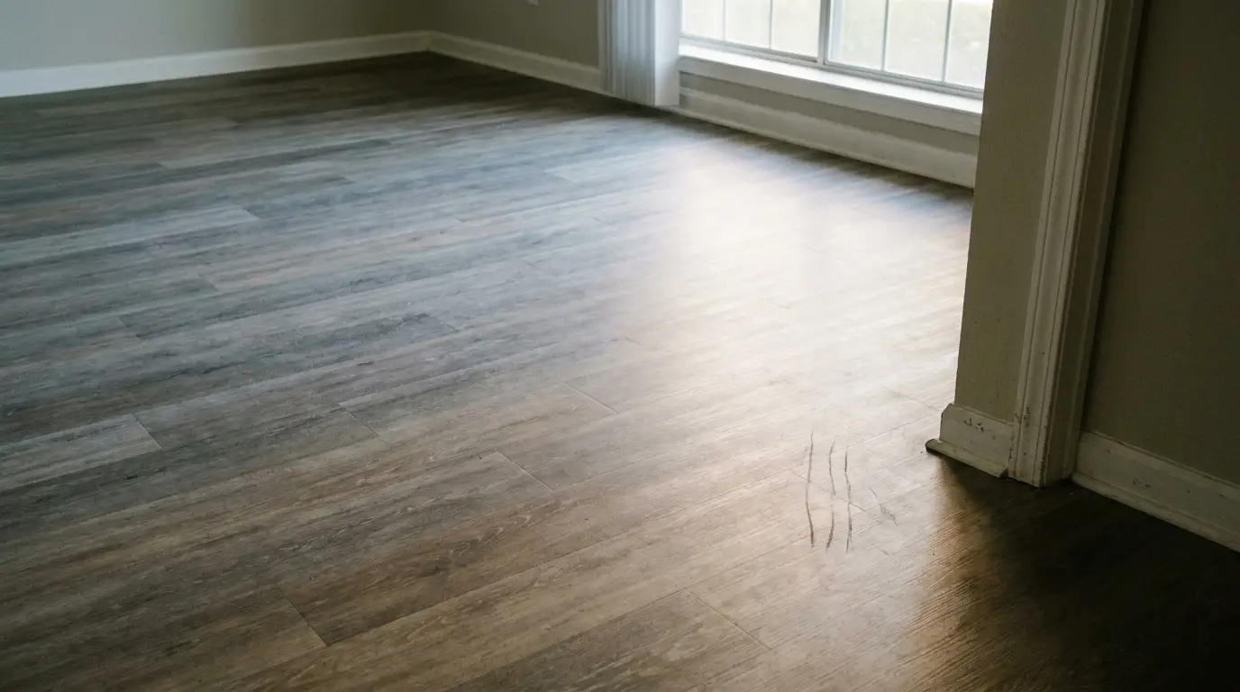 Wooden laminate flooring in empty room with large window and natural light