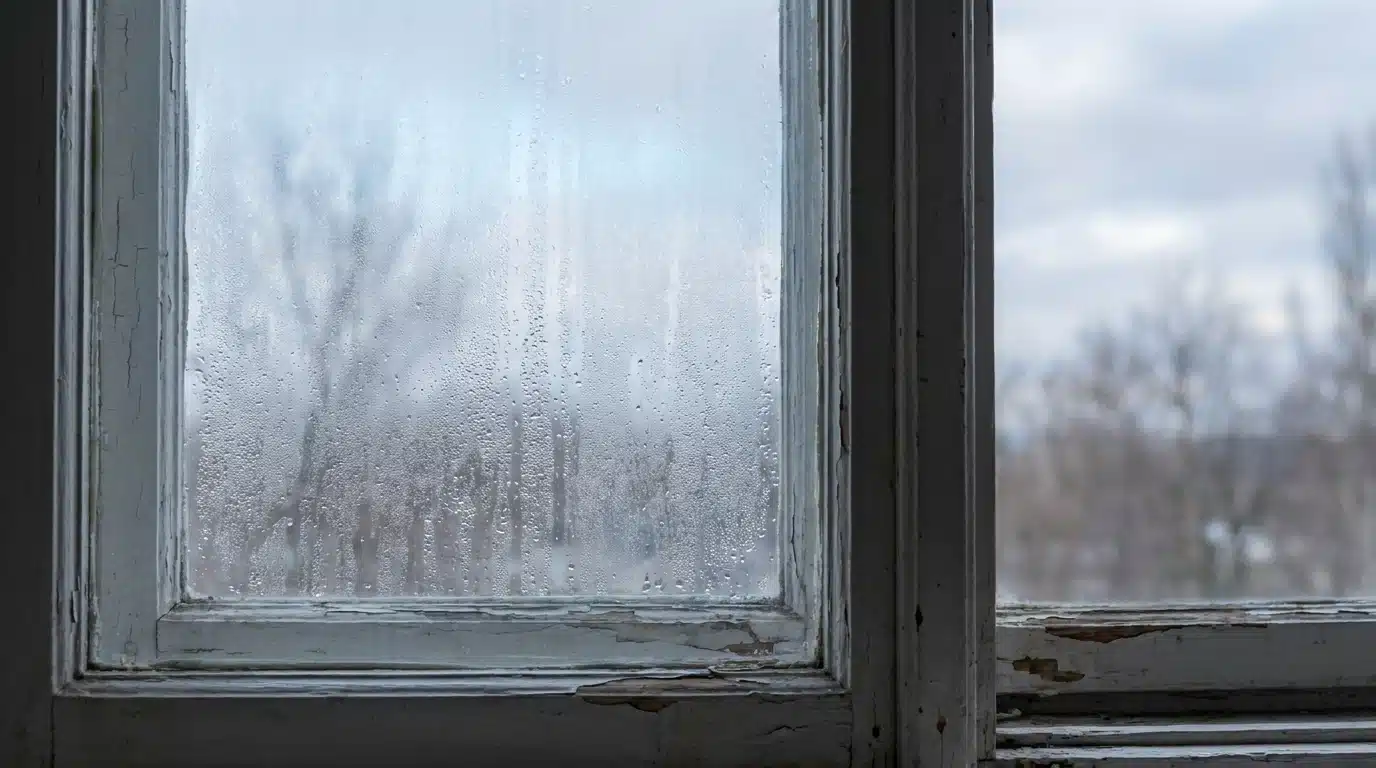 Foggy glass window with peeling white frame overlooking blurred bare trees