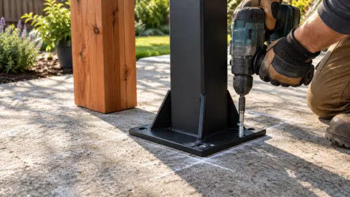 Drilling metal beam base into concrete with power drill outdoors in a garden setting